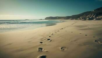 Sunset over tranquil waters, sand dunes nearby generated by AI photo