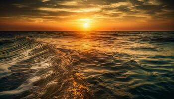 Golden sun over tranquil blue waves generated by AI photo
