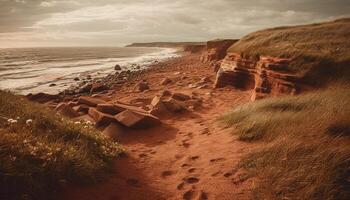 Majestic sandstone cliff meets tranquil waters edge photo