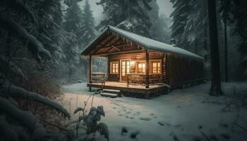 Illuminated cabin in snowy forest, spooky tranquility generated by AI photo