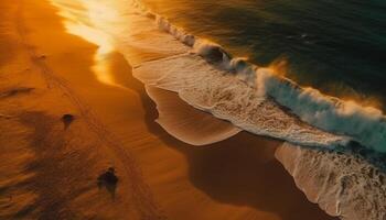 puesta de sol terminado tranquilo marina, olas choque en tierra generado por ai foto