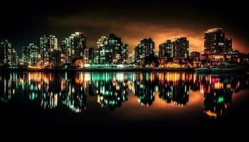 brillante ciudad luces reflejar en frente al mar a oscuridad generativo ai foto