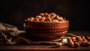 Nutty snack bowl hazelnut, walnut, almond, pecan generated by AI photo