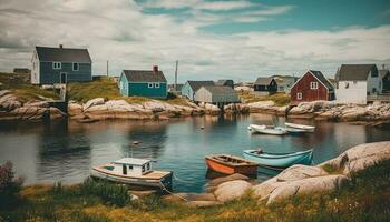 Wooden boathouse on tranquil Norwegian fishing village generated by AI photo