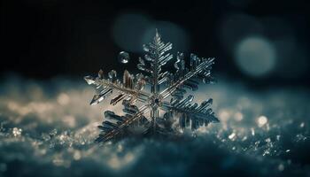 brillante copo de nieve decoración en escarchado invierno árbol generado por ai foto