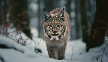 Big cat staring, spotted fur in snow generative AI photo