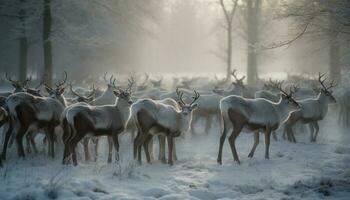 Herd of horned deer standing in snow generative AI photo