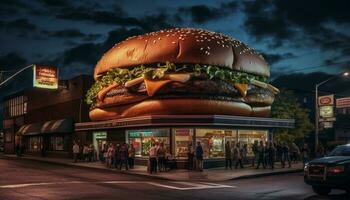 Noche hamburguesa articulación sirve arriba americano cultura generativo ai foto