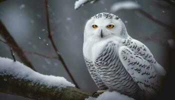 Great horned owl perching on snowy branch generative AI photo