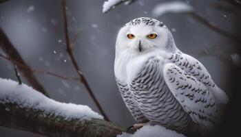 Great horned owl perching on snowy branch photo