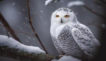 genial con cuernos búho encaramado en Nevado rama generativo ai foto