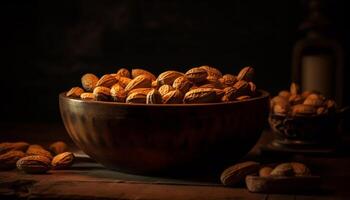 Nutritious nuts in wooden bowl on burlap generative AI photo