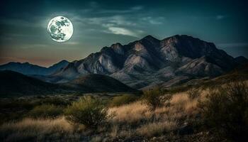 Majestic mountain range glows under moonlight sky generative AI photo