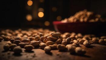 Organic nuts and seeds on rustic wood table generative AI photo