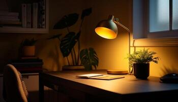 Modern lamp illuminates dark home office space generative AI photo