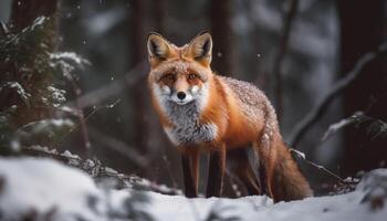 rojo zorro sentado en nieve, mirando linda generativo ai foto