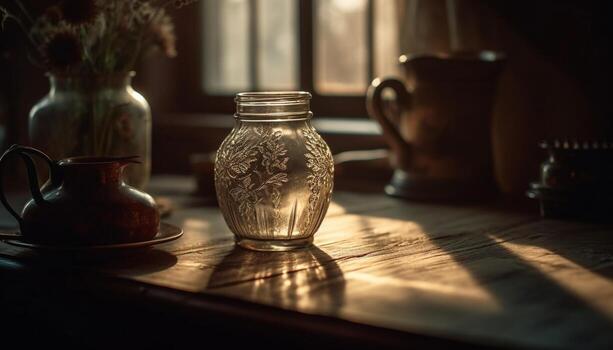 rústico cerámica jarra en de madera mesa habitación central generativo ai foto