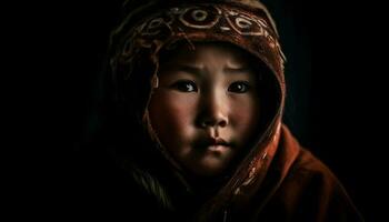 Serious child in traditional clothing looking sad generative AI photo