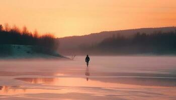 silueta de uno pescador en pie en reflexión generativo ai foto