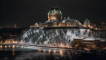 Illuminated cityscape reflects ancient history and modernity generative AI photo