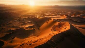 Majestic sand dunes ripple under orange sunset generative AI photo