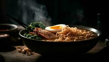 Steaming bowl of pork ramen with chopsticks generative AI photo