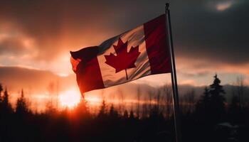 Canadian flag waving majestically in autumn sunset photo