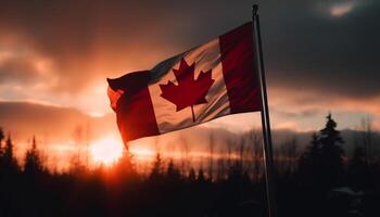 Canadian flag waving majestically in autumn sunset generative AI photo