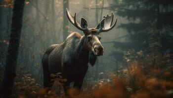 Horned stag grazes in tranquil autumn meadow generative AI photo