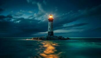 Illuminated beacon guides nautical vessels at twilight generative AI photo