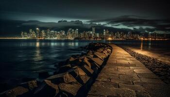 Dramatic skyline reflects on water at dusk generative AI photo