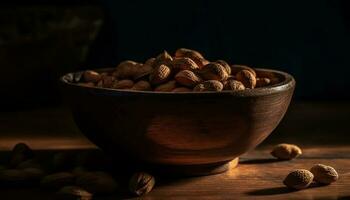 Nutty snack bowl hazelnut, walnut, pecan, almond generative AI photo