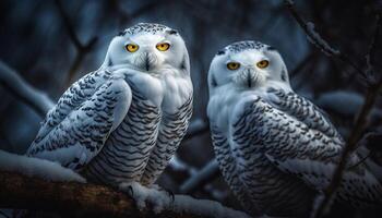 Great horned owl perching on snowy branch photo