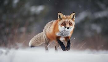 Cute red fox in snow, alert and speedy generative AI photo