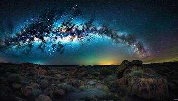 Deep space adventure Glowing star trail illuminates landscape photo