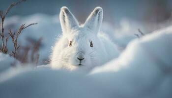 Fluffy baby rabbit sits in winter snow generative AI photo