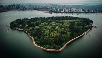 Panoramic city skyline, green forest, nautical vessel generative AI photo