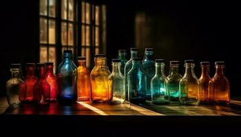 multi de colores vaso botellas lleno con líquido refresco generativo ai foto