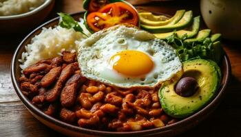 recién cocido gastrónomo comida en rústico mesa generativo ai foto