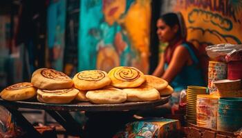 Homemade baked goods sold by market vendors generative AI photo