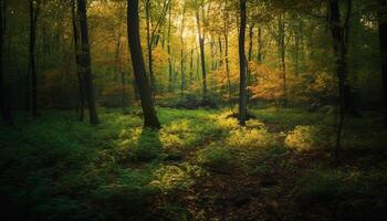 Bright autumn meadow, mysterious tree, spooky background generative AI photo