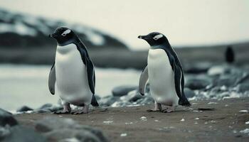 Gentoo penguins waddling on snowy Antarctic coastline generative AI photo