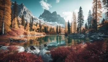 Majestic mountain range reflects in tranquil pond generative AI photo