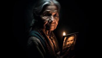 Old man praying with candle, seeking God wisdom photo