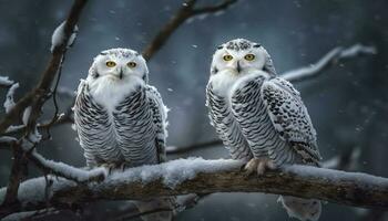 Snowy owl perching on branch, looking fierce generative AI photo
