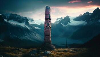 Mountain peak sculpture, ancient spirituality in nature generative AI photo