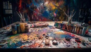Vibrant colors on messy palette create abstract chaos photo