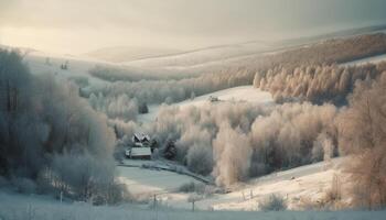 Tranquil winter landscape, snow covered pine trees generative AI photo