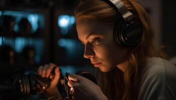 One young woman enjoying music with headphones generative AI photo