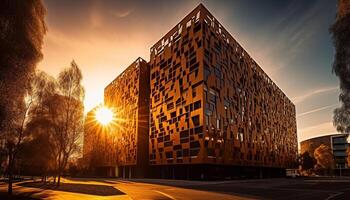 vibrante ciudad fachada iluminado por crepúsculo puesta de sol generativo ai foto